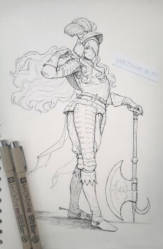 1girl alternate_costume art_tools_in_frame axe camilla_(fire_emblem) closed_mouth commentary english_commentary fire_emblem fire_emblem_fates floating_hair full_body greyscale helmet highres inktober kazuko_(towa) long_hair monochrome nintendo plume solo standing traditional_media wavy_hair