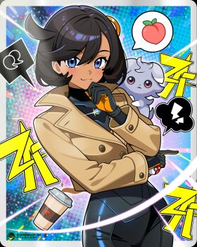 1girl :3 absurdres black_bodysuit black_hair blue_eyes bodysuit border brown_jacket closed_mouth commentary cowboy_shot cup dark-skinned_female dark_skin disposable_coffee_cup disposable_cup emma_(pokemon) espurr gen_6_pokemon hair_between_eyes hair_ornament hand_on_own_chin highres holding holding_poke_ball index_finger_raised jacket light_blush lightning_bolt_symbol long_sleeves looking_at_viewer mega_stone nintendo outside_border poke_ball poke_ball_(basic) pokemon pokemon_(creature) pokemon_legends:_z-a purple_eyes short_hair smile speech_bubble spoken_food standing stroking_own_chin suddenboom_art twitter_username white_border