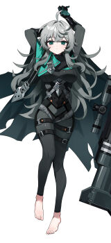 1girl absurdres ahoge black_survival bodysuit breasts commission eternal_return:_black_survival green_eyes grey_bodysuit grey_hair gun hair_between_eyes highres katja_(black_survival) long_hair looking_at_viewer rifle sniper_rifle solo wang0424 weapon white_background