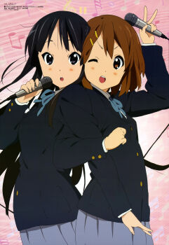 2girls absurdres akiyama_mio arm_grab back-to-back black_eyes black_hair blazer blush bow bowtie brown_eyes brown_hair cheek-to-cheek female_focus heads_together highres hirasawa_yui horiguchi_yukiko jacket k-on! long_hair megami_magazine microphone multiple_girls music official_art one_eye_closed open_mouth reference_work school_uniform short_hair singing skirt smile v wink