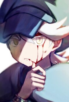 Rule 34 | 1boy, blood, blood on face, blue hat, commentary request, frown, hat, lance (puzzles &amp; dragons), looking at viewer, male focus, missou shiro, puzzle &amp; dragons, short hair, simple background, solo, upper body, white background, white hair, wiping blood, yellow eyes