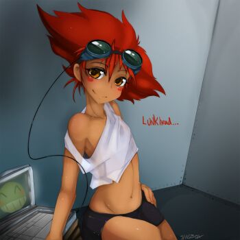 1990s_(style) 1girl androgynous belly blush_stickers brown_eyes computer cowboy_bebop dark-skinned_female dark_skin edward_wong_hau_pepelu_tivrusky_iv female_focus flat_chest goggles goggles_on_head head_tilt laptop loli midriff navel off_shoulder red_hair retro_artstyle reverse_trap short_hair short_shorts shorts slugbox smile solo tank_top tomboy