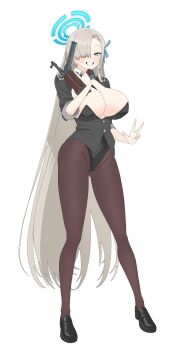 Rule 34 | 1girl, asuna (blue archive), between breasts, black cat03, black leotard, black necktie, black shoes, black shrug, blonde hair, blue archive, blue eyes, blue hair, breasts, brown pantyhose, commentary, commission, full body, grin, gun, hair ribbon, highleg, highleg leotard, highres, holding, holding gun, holding weapon, huge breasts, leotard, loafers, long hair, mole, mole on breast, mp40, necktie, necktie between breasts, pantyhose, ribbon, shoes, shrug (clothing), smile, solo, submachine gun, trigger discipline, undersized breast cup, very long hair, w, weapon