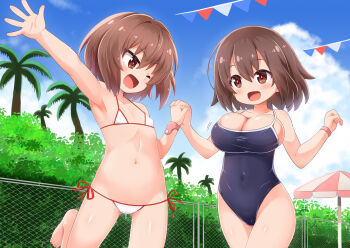 2girls :d arm_up bikini blue_one-piece_swimsuit blue_sky bouncing_breasts breasts brown_eyes brown_hair bunting bush chain-link_fence cleavage commentary_request commission covered_navel day feet_up fence flat_chest girly_running highleg highleg_swimsuit holding_hands interlocked_fingers katahira_hina_(skr) large_breasts loli medium_hair micro_bikini multiple_girls navel one-piece_swimsuit one_eye_closed open_mouth oppai_loli original outstretched_arm palm_tree school_swimsuit short_hair side-tie_bikini_bottom skeb_commission sky smile stomach swimsuit tamayama_taika_(skr) tree umbrella w_arms white_bikini yuuma_(skirthike)