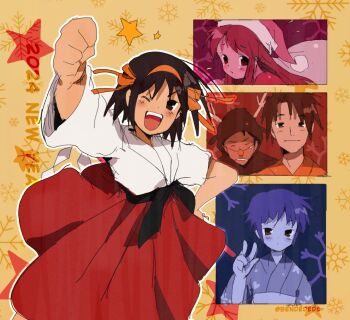 Rule 34 | 2boys, 3girls, animal costume, asahina mikuru, bendedede, brown hair, christmas, hair ornament, hairband, hakama, hat, highres, japanese clothes, kimono, kita high school uniform, koizumi itsuki, kyon, long sleeves, multiple boys, multiple girls, nagato yuki, one eye closed, red ribbon, reindeer costume, ribbon, robe, santa costume, santa hat, school uniform, short hair, skirt, smile, suzumiya haruhi, suzumiya haruhi no yuuutsu, v, yukata