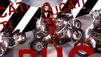 1girl 3d artist_request biker_clothes bikesuit blush bodysuit breasts brown_eyes cleavage curvy gloves highres holding holding_umbrella izayoi_aki large_breasts long_hair looking_at_viewer motor_vehicle motorcycle no_bra open_bodysuit open_clothes red_hair shiny_clothes shiny_skin sideboob sitting solo thighs umbrella yu-gi-oh! yu-gi-oh!_5d&#039;s zipper