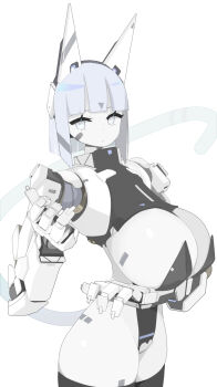 1girl android blunt_bangs bob_cut breasts cowboy_shot expressionless grey_hair headgear highres huge_breasts joints looking_to_the_side mecha_musume mechanical_arms nanatsuki_sousuke original robot_girl robot_joints short_hair solo thighhighs thighs white_eyes