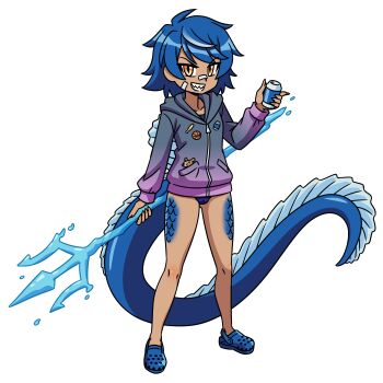 1girl absurdres animal animal_in_clothes bandages blue_hair can commission commissioner_upload crocs dark-skinned_female dark_skin dinosaur_girl dinosaur_tail drink_can fingernails highres hood hoodie mouse multicolored_hair orange_eyes original otchakun_(artist) pocket polearm robin_injigo school_swimsuit sharp_fingernails sharp_teeth short_hair smile soda_can solo spinosaurus swimsuit swimsuit_under_clothes tail teeth tomboy trident two-tone_hair water weapon white_hair