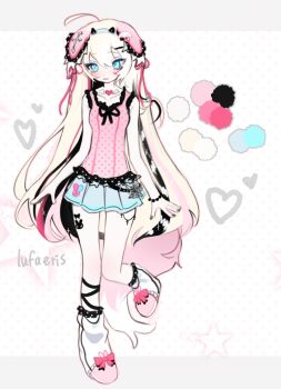 1girl adoptable bare_arms blonde_hair blue_skirt bow breasts closed_mouth cloud_(lufaeris) color_guide commentary english_commentary footwear_bow full_body heart highres long_hair looking_at_viewer miniskirt multicolored_hair original pink_bow pink_shirt pink_streaks shirt shoes skirt sleeveless sleeveless_shirt small_breasts solo standing standing_on_one_leg star_(symbol) streaked_hair swept_bangs white_background white_shoes