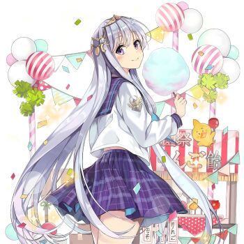 Rule 34 | artemis (uchihime), back, balloon, closed mouth, commentary request, crescent, crescent hair ornament, grey hair, hair ornament, long hair, piyokichi (uchihime), plaid clothes, plaid sailor collar, plaid skirt, purple eyes, purple sailor collar, purple skirt, sailor collar, school festival, school uniform, skirt, smile, uchi no hime-sama ga ichiban kawaii, very long hair