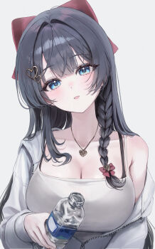 1girl absurdres ahoge bbeedol black_bra black_hair blue_eyes bottle bow bowtie bra bra_visible_through_clothes braid breasts camisole cleavage collarbone commentary hair_ornament hairclip head_tilt heart heart_hair_ornament highres jacket jewelry large_breasts long_hair long_sleeves looking_at_viewer necklace off_shoulder open_mouth shirayuki_hina shirt simple_background sleeveless sleeveless_shirt smile solo spaghetti_strap stellive string_bra underwear upper_body virtual_youtuber water_bottle white_background white_jacket white_shirt
