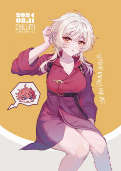 1boy 1girl absurdres blonde_hair blue_eyes borrowed_clothes breasts chest_harness cleavage collared_shirt commentary_request dated english_text feet_out_of_frame genshin_impact hand_in_own_hair hand_up harness highres invisible_chair large_breasts long_sleeves lumine_(genshin_impact) mask mask_on_head narujintaruho no_pants orange_hair parted_lips red_shirt shirt short_hair_with_long_locks simple_background sitting solo_focus spoken_character tartaglia_(genshin_impact) yellow_background yellow_eyes