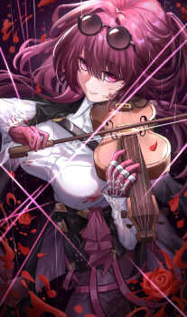 1girl absurdres aichinaigai black_pantyhose black_shorts blood blood_on_clothes blood_on_face breasts commentary eyewear_on_head flower glasses gloves high-waist_shorts highres honkai:_star_rail honkai_(series) instrument kafka_(honkai:_star_rail) large_breasts long_hair looking_at_viewer music pantyhose parted_lips pince-nez playing_instrument purple_eyes purple_gloves purple_hair rain red_flower red_rose rose round_eyewear shirt shirt_tucked_in shorts smile solo sunglasses violin white_shirt