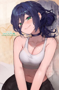 1girl bare_shoulders black_hair black_shorts blush breasts chainsaw_man chocojax choker cleavage closed_mouth green_eyes hair_between_eyes hair_bun highres looking_at_viewer medium_breasts navel reze_(chainsaw_man) short_hair shorts smile solo sports_bra white_sports_bra