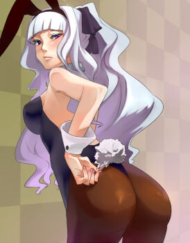 Rule 34 | 1girl, animal ears, ass, black pantyhose, breasts, detached collar, female focus, idolmaster, idolmaster (classic), large breasts, leotard, long hair, nemeko, one-piece thong, panties, pantyhose, playboy bunny, rabbit tail, shijou takane, silver hair, solo, tail, thong, thong leotard, underwear, wrist cuffs