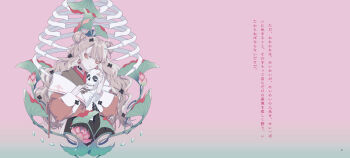 1girl belt black_belt black_choker black_flower black_skirt bone brown_hair choker closed_mouth commentary_request cropped_legs double_bun earrings flower gradient_background hair_bun hair_flower hair_ornament heart heart_choker highres holding holding_skull jacket jewelry long_hair long_sleeves looking_at_viewer lotus original pendant_earring pink_background pleated_skirt red_eyes red_flower red_jacket red_nails ribs shikimi_(yurakuru) skeleton skirt skull solo translation_request