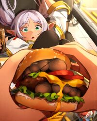 1girl black_pantyhose burger feet feet_burger_(meme) food food_on_body foot_focus frieren green_eyes holding holding_food khyle. looking_at_viewer mcdonald&#039;s meme pantyhose pink_hair pointy_ears pov sousou_no_frieren toenails toes