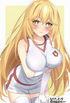 1girl arm_under_breasts bare_shoulders blonde_hair blush breasts closed_mouth commentary_request dated elbow_gloves gloves gym_shirt gym_shorts gym_uniform hand_on_own_thigh highres large_breasts leaning_forward long_hair looking_at_viewer no_print oilen0731 school_emblem shirt shokuhou_misaki shorts sleeveless sleeveless_shirt smile solo sparkling_eyes thighhighs toaru_kagaku_no_railgun toaru_kagaku_no_railgun_t toaru_majutsu_no_index tokiwadai_school_gym_uniform twitter_username two-tone_background very_long_hair white_background white_gloves white_shirt white_shorts white_thighhighs yellow_background yellow_eyes