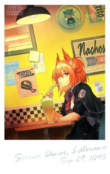 1girl animal_ears arknights bird_ears black_jacket ceiling_light cherry cup diner drinking_straw drinking_straw_in_mouth fiammetta_(arknights) food fruit hair_between_eyes hanging_light highres holding holding_drinking_straw indoors inuko_(redconstellation) jacket looking_at_viewer milkshake mostima_(arknights) necktie red_eyes red_hair red_necktie shirt short_hair sitting solo white_shirt