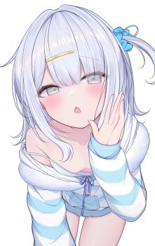 1girl absurdres blue_jacket blue_scrunchie blush breasts camisole chestnut_mouth collarbone cowboy_shot downblouse fur-trimmed_jacket fur_trim grey_eyes grey_hair hair_ornament hairclip half-closed_eyes hand_up highres jacket leaning_forward long_hair long_sleeves looking_at_viewer off_shoulder one_side_up open_mouth raised_eyebrows ribbed_camisole scrunchie simple_background single_bare_shoulder sleeves_past_wrists small_breasts solo spaghetti_strap strap_slip striped_clothes striped_jacket suzutuki_sui varium virtual_youtuber white_background white_camisole white_jacket yogur_0311