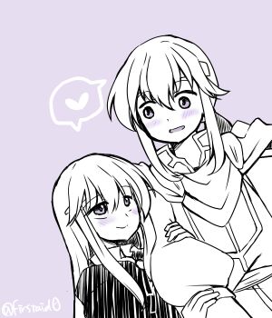 1boy 1girl armor blush brother_and_sister cape circlet fire_emblem fire_emblem:_genealogy_of_the_holy_war half-siblings headband heart height_difference holding_another&#039;s_arm implied_incest julia_(fire_emblem) long_hair looking_at_another monochrome nintendo open_mouth seliph_(fire_emblem) siblings simple_background smile spoken_heart yukia_(firstaid0)
