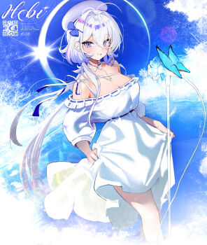 1girl absurdres blue_bow blue_eyes blue_hair bow bow_choker breasts bug butterfly character_name choker cleavage clenched_teeth cloud dress frilled_dress frills hair_bow hat hebi_(vtuber) highres indie_virtual_youtuber insect jewelry long_hair movik multicolored_hair necklace qr_code solo strapless strapless_dress teeth white_choker white_dress white_hair white_hat