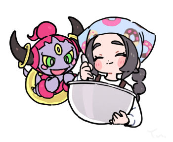 1girl ansha_(pokemon) apron blue_headscarf blush bowl brown_apron closed_eyes colored_sclera donut food gen_6_pokemon green_eyes headscarf holding holding_bowl hoopa hoopa_(confined) legendary_pokemon long_hair long_sleeves mei_mu mixing mixing_bowl mythical_pokemon nintendo open_mouth pokemon pokemon_(creature) pokemon_legends:_z-a shirt simple_background smile white_background white_shirt yellow_sclera