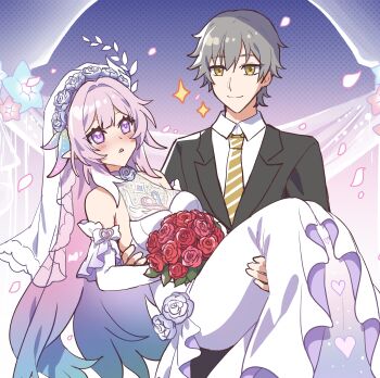 1boy 1girl absurdres adapted_costume alternate_costume bare_shoulders black_jacket blue_hair blush bouquet bow breasts bridal_veil bride caelus_(honkai:_star_rail) carrying closed_mouth collared_shirt curtains cyrene_(honkai:_star_rail) cyrene_(ripples_of_past_reverie)_(honkai:_star_rail) dress elbow_gloves flower formal_clothes gloves gradient_background gradient_hair grey_hair hair_between_eyes hair_ornament hair_ribbon hands_up head_wreath heart heart_print hetero highres holding holding_bouquet honkai:_star_rail honkai_(series) husband_and_wife jacket lapels leaf leaf_hair_ornament long_hair long_sleeves looking_at_another medium_breasts multicolored_hair necktie official_alternate_hairstyle open_mouth petals pink_background pink_hair pink_pupils pointy_ears polka_dot polka_dot_background princess_carry purple_background purple_eyes red_flower red_rose ribbon rose sakana_(fishchunk) see-through_clothes shirt short_hair sidelocks smile sparkle star_(symbol) streaked_hair striped_necktie trailblazer_(honkai:_star_rail) two-tone_background veil wedding_dress white_bow white_dress white_flower white_gloves white_hair white_ribbon white_rose white_shirt white_veil yellow_eyes yellow_necktie