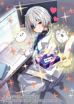 1girl baby_animal bird brown_pantyhose brown_shoes chair chick closed_mouth coat computer computer_keyboard copyright_notice creature desk dog dress eyepatch from_above gift grey_hair hamster heart highres holding holding_gift id_card indoors lab_coat lanyard lisa_brunhild mole mole_under_eye monster multicolored_hair official_art on_chair open_clothes open_coat orange_hair pantyhose purple_dress shoes short_hair sitting sparkle takanashi_kei_(hitsujikan) white_coat yellow_eyes z/x