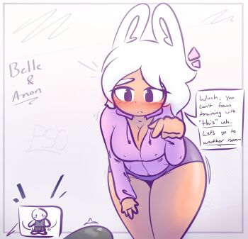 1boy 1girl animal_ears anonymous_(4chan) belle_(possiblyzero) bent_over blush blush_stickers breasts bulge cleavage colored_skin english_text hand_on_own_thigh highres hood hoodie long_hair looking_at_bulge looking_down nose_blush notice_lines original pink_hoodie pointing possiblyzero rabbit_ears rabbit_girl shiny_skin shorts speech_bubble tan teeth white_hair white_skin wide_hips