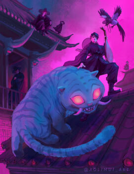 5boys abby_(kpop_demon_hunters) aolihui_art architecture baby_(kpop_demon_hunters) bird black_boots black_hair black_hat black_pants black_robe boots cat creature crossed_arms crow derpy_(kpop_demon_hunters) east_asian_architecture fangs glowing glowing_eyes hat hat_on_back highres holding holding_instrument instrument jinu_(kpop_demon_hunters) kpop_demon_hunters male_focus multiple_boys mystery_(kpop_demon_hunters) on_roof pants robe romance_(kpop_demon_hunters) sitting sussie_(kpop_demon_hunters) twitter_username wide_brim