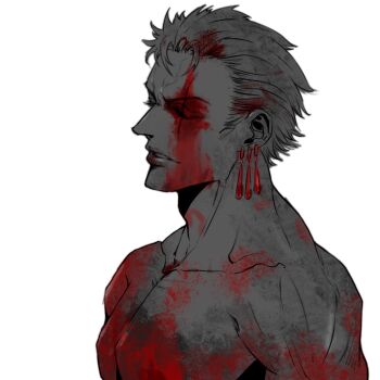 1boy adam&#039;s_apple alilicanon blood blood_on_body blood_on_face collarbone eyelashes hashtag-only_commentary highres male_focus monochrome one_piece parted_lips pectorals roronoa_zoro scar scar_on_face short_hair sideburns simple_background solo upper_body white_background