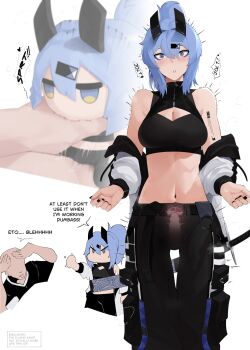 1boy 1girl ad barcode barcode_tattoo bare_shoulders belt belt_buckle black_belt black_nails black_pants black_shirt blue_eyeliner blue_eyes blue_hair blush breasts buckle cleavage_cutout clothing_cutout crop_top cum cum_in_pussy disembodied_penis ejaculation english_text eyeliner hair_between_eyes hair_ornament hairclip hetero highres internal_cumshot jacket jacket_partially_removed katana large_breasts long_bangs looking_at_viewer makeup midriff motion_lines multiple_views navel open_mouth original pants penis ponytail portal_sex saki_(the_atko) sex shirt simple_background sleeveless sleeveless_shirt speech_bubble stuffed_toy surprised sword tattoo the_atko thigh_gap twitching vaginal weapon white_background x-ray