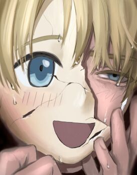 Rule 34 | 1boy, america (hetalia), axis powers hetalia, blonde hair, blue eyes, blush, broken mask, commentary request, cracked kawaii mask, cracked mask, ebi 15, empty eyes, hand on own face, highres, male focus, mask, no eyewear, open mouth, portrait, solo, sweat, wet, wet hair