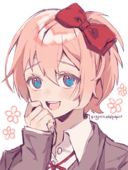 Rule 34 | 1girl, blazer, bow, brown jacket, brown sweater vest, commentary request, doki doki literature club, doki doki literature club school uniform, hair bow, highres, jacket, numbers (pigpenandpaper), orange sweater vest, orange vest, pink hair, red bow, red ribbon, ribbon, sayori (doki doki literature club), school uniform, solo, sweater vest, vest