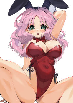 1girl animal_ears blaze_(blazeillust) blush bowtie breasts cameltoe cleavage covered_navel fake_animal_ears girls_und_panzer green_eyes large_breasts leotard long_hair looking_at_viewer open_mouth peach_(girls_und_panzer) pink_hair playboy_bunny rabbit_ears red_bow red_bowtie red_leotard simple_background solo spread_legs white_background