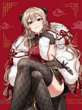 1girl absurdres black_gloves black_skirt breasts brown_hair bun_cover china_dress chinese_clothes chinese_knot commentary_request crossed_legs double_bun dress eyelashes feather_boa fishnet_thighhighs fishnets floral_print floral_print_shirt floral_print_skirt from_below furen_e_lustario furen_e_lustario_(7th_costume) gloves gold_trim hair_between_eyes hair_bun highres holding holding_smoking_pipe kougi_hiroshi lace lace_gloves light_smile lips long_bangs looking_at_viewer mandarin_collar meandros nijisanji official_alternate_costume official_alternate_hairstyle print_skirt red_background red_eyes red_rope red_shirt rope shirt side_slit sidelocks skirt sleeveless sleeveless_shirt smoking_pipe solo tassel thigh_peek thighhighs virtual_youtuber xiangyun