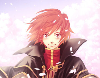 Rule 34 | 1boy, blush, brown capelet, capelet, closed mouth, commentary request, dated commentary, floating hair, looking at viewer, male focus, oomojiya, petals, pink background, ragnarok online, red hair, red shirt, shirt, short hair, smile, solo, upper body, wind, wizard (ragnarok online), yellow eyes