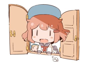 Rule 34 | 1other, 2girls, artist logo, batsubyou, blue sailor collar, blue skirt, brown hair, cat, commentary request, cowboy shot, error musume, fang, girl holding a cat (kancolle), hair ornament, hairclip, hanomido, ikazuchi (kancolle), kantai collection, logo, multiple girls, neckerchief, open mouth, pleated skirt, red neckerchief, sailor collar, school uniform, serafuku, short hair, skin fang, skirt, smile, window, | |, || ||