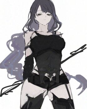 1girl a2_(nier:automata) a2_(nier:automata)_(cosplay) alternate_costume android arms_behind_back bare_shoulders black_shorts black_thighhighs blunt_bangs blurry braid closed_mouth collarbone cosplay crossover depth_of_field empty_eyes expressionless formal_clothes from_below genshin_impact grey_background highres humanoid_robot long_braid long_hair looking_at_viewer looking_down monmon_eeee multicolored_hair nier:automata nier_(series) purple_eyes purple_hair raiden_shogun robot short_shorts shorts single_braid sketch sleeveless solo standing streaked_hair suit thighhighs thighs upper_body