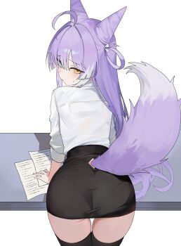1girl absurdres ahoge bent_over black_skirt black_thighhighs blue_eyes clothing_cutout cone_hair_bun cowboy_shot desk fox_tail from_behind hair_bun hair_ribbon hair_rings hands_on_table heterochromia highres long_hair long_sleeves looking_at_viewer looking_back multicolored_hair nbee_ya office_lady pantylines paper pencil_skirt purple_hair ribbon shirt shirt_tucked_in simple_background skirt solo standing stellive streaked_hair sweatdrop tail tail_raised tail_through_clothes tenko_shibuki thigh_gap thighhighs very_long_hair virtual_youtuber white_background white_shirt yellow_eyes zettai_ryouiki