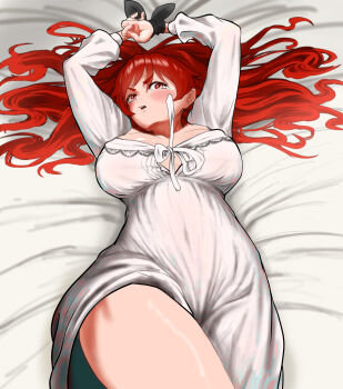 1girl absurdres arms_up blush bound bound_wrists breasts breasts_apart commentary covered_navel eris_greyrat highres large_breasts long_hair long_sleeves looking_at_viewer lying mine. mushoku_tensei nightgown official_alternate_costume on_back parted_lips red_eyes red_hair solo tearing_up thighs v-shaped_eyebrows white_nightgown
