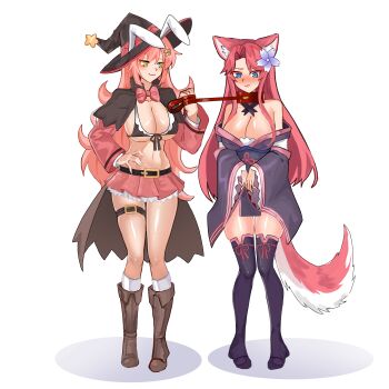 2girls absurdres animal_ears artist_request belt bikini black_bikini blush boots bow bowtie breasts buckle cape cleavage commission commissioner_upload fox_ears fox_tail front-tie_top hat highres holding holding_leash japanese_clothes kimono knee_boots large_breasts leash long_hair multiple_girls non-web_source pink_hair rabbit_ears sakura_dungeon swimsuit tail witch_bunny_(sakura_dungeon) witch_hat yellow_eyes yomi_(sakura_dungeon) yuri