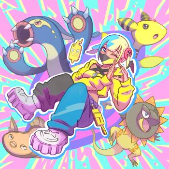 1girl ampharos aqua_eyes aqua_hair bandeau black_hair blonde_hair canari_(pokemon) cellphone claws closed_mouth commentary_request eelektross eyelashes fangs full_body gen_2_pokemon gen_4_pokemon gen_5_pokemon highres jacket mask mouth_mask multicolored_hair nintendo nostrils one_eye_closed open_clothes open_jacket open_mouth outline pants phone pokemon pokemon_(creature) pokemon_legends:_z-a pokemon_team rotom rotom_phone shoes smartphone split-color_clothes split-color_hair stunfisk twintails two-tone_mask two-tone_pants wai152 white_outline white_shoes yellow_bandeau yellow_jacket