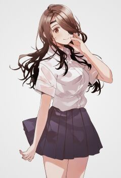 Rule 34 | 1girl, arm at side, black skirt, blush, brown eyes, brown hair, closed mouth, collared shirt, cover image, cowboy shot, dress shirt, eyepatch, fly (marguerite), hair over one eye, hand up, highres, long hair, miniskirt, official art, pleated skirt, school uniform, shirt, short sleeves, shoutai fumei to kyoufu, simple background, skirt, smile, solo, toumi riku, wavy hair, white background, white shirt