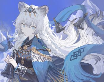 1girl absurdres arknights bell black_dress blue_eyes blue_shawl blue_sky braid colored_tips commentary_request cooking dress grey_hair hands_up highres holding holding_bell jewelry long_hair looking_at_viewer multicolored_hair necklace outdoors pramanix_(arknights) pramanix_the_prerita_(arknights) shawl sky smile snow_leopard_ears solo tiara upper_body very_long_hair white_hair yan_z