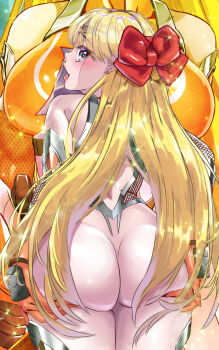 1girl aino_minako arion_canvas ass ass_focus bishoujo_senshi_sailor_moon blonde_hair blue_eyes bodysuit bow bowtie breasts butt_crack grabbing_own_ass hair_bow highres large_breasts long_hair looking_at_viewer looking_back open_mouth sailor_venus solo taimanin_(series)