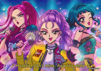 Rule 34 | 1990s (style), 3girls, ;d, artist name, black hair, braid, brown eyes, commentary, crop top, double bun, earrings, english commentary, faux retro artstyle, hair bun, hanavbara, jacket, jewelry, kpop demon hunters, lipstick, long hair, makeup, microphone, mira (kpop demon hunters), multiple girls, one eye closed, open mouth, pink hair, purple hair, retro artstyle, rumi (kpop demon hunters), single braid, smile, subtitled, twintails, two side up, zoey (kpop demon hunters)