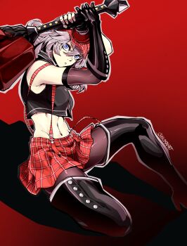 Rule 34 | 1girl, absurdres, alisa ilinichina amiella, arms up, bare shoulders, black arm warmers, black boots, black gloves, black pantyhose, black vest, blue eyes, boots, bracer, breasts, closed mouth, commentary, cropped vest, elbow gloves, english commentary, fingerless gloves, gloves, god eater, god eater burst, grey hair, groin, hair between eyes, hat, high heel boots, high heels, highres, holding, holding sword, holding weapon, huge weapon, long hair, looking at viewer, medium breasts, navel, newsboy cap, pantyhose, plaid clothes, plaid hat, plaid skirt, red background, red hat, red skirt, shadow, shigokin (baller4jesus27), sidelocks, signature, single elbow glove, skirt, solo, stomach, suspender skirt, suspenders, suspenders slip, sword, thigh boots, underboob, vest, weapon