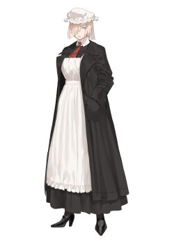 Rule 34 | 1girl, apron, black coat, black dress, black footwear, blue eyes, coat, dress, erica (throtem), frilled apron, frills, full body, hair over one eye, hand in pocket, hat, high heels, highres, light brown hair, long sleeves, maid, maid apron, mob cap, necktie, open clothes, open coat, original, red necktie, solo, standing, throtem, white apron, white hat